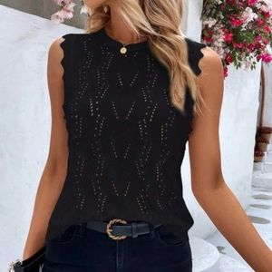 Unity Solid Pointelle Knit Scallop Trim Sleeveless Top